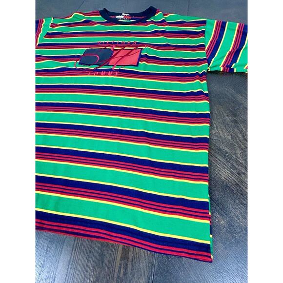 Vintage Tommy Hilfiger T-Shirt Striped Green Blue Red Y2K Tee Men's XL USA Made - Picture 2 of 9
